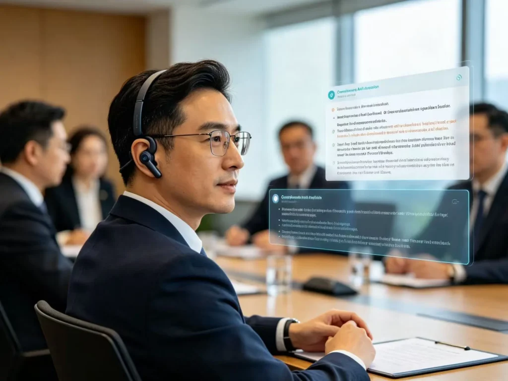 生活化场景合成图:通勤佩戴 AI 耳机实时翻译、办公语音转文字、运动健康监测、居家语音助手交互,分屏四宫格布局,明亮现代。