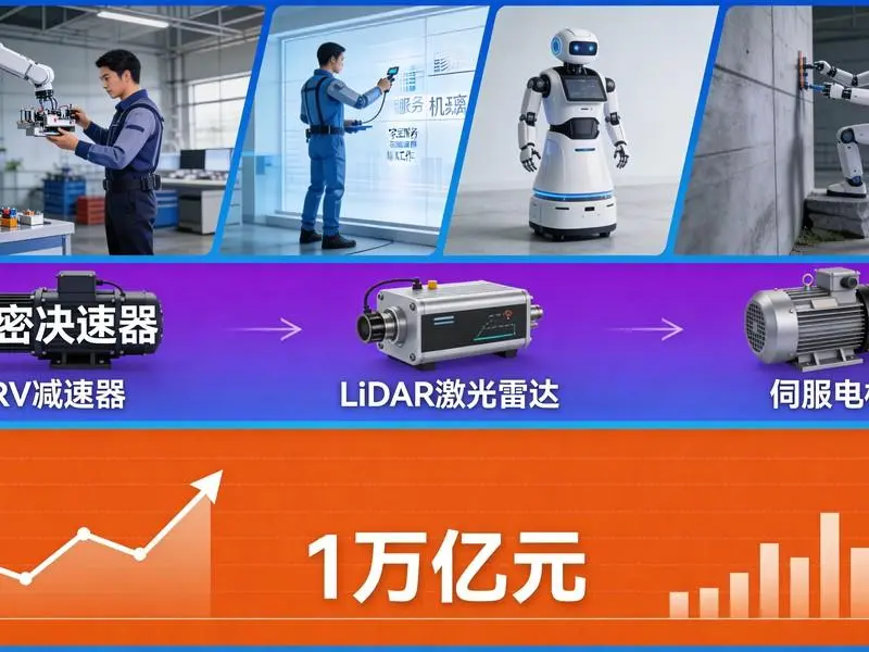 具身智能产业链全景配图 - 展示三层结构：顶层为人形机器人多场景应用（工厂、家庭、特种作业），中层为核心零部件（减速器、传感器、执行器），底层为市场数据可视化及"1万亿元"市场规模预测